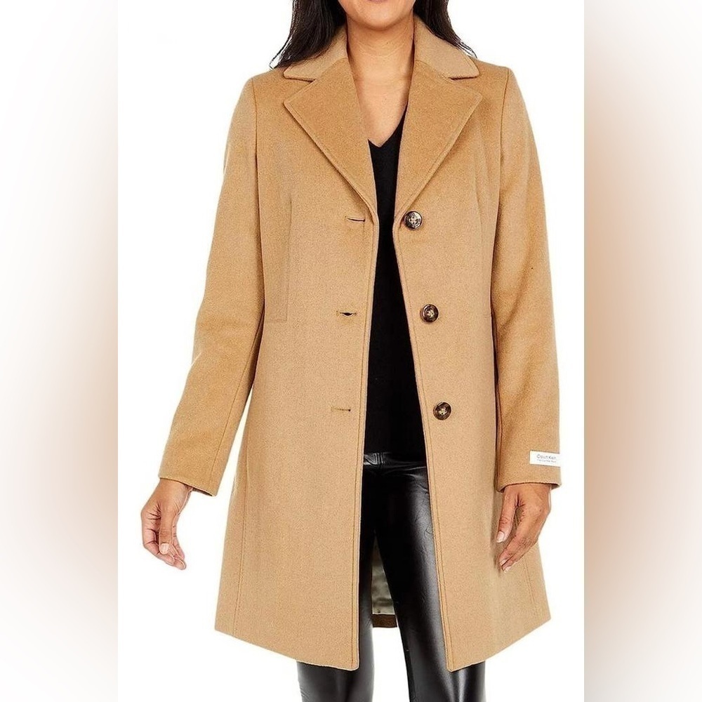 NWT Calvin Klein Classic Single Breasted Wool Cashmere Coat in Camel